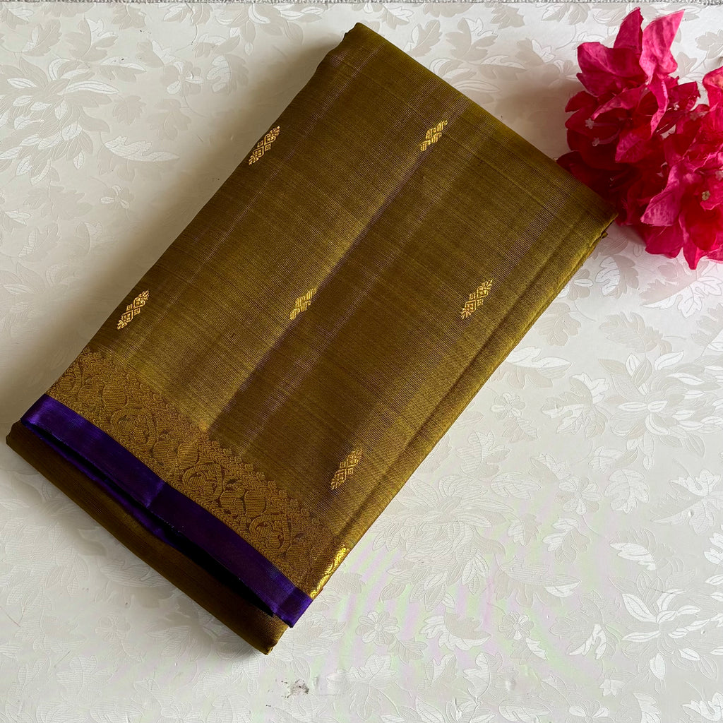 Mustard Gold Kanjeevaram Pure Zari Silk Saree With Royal Purple Border