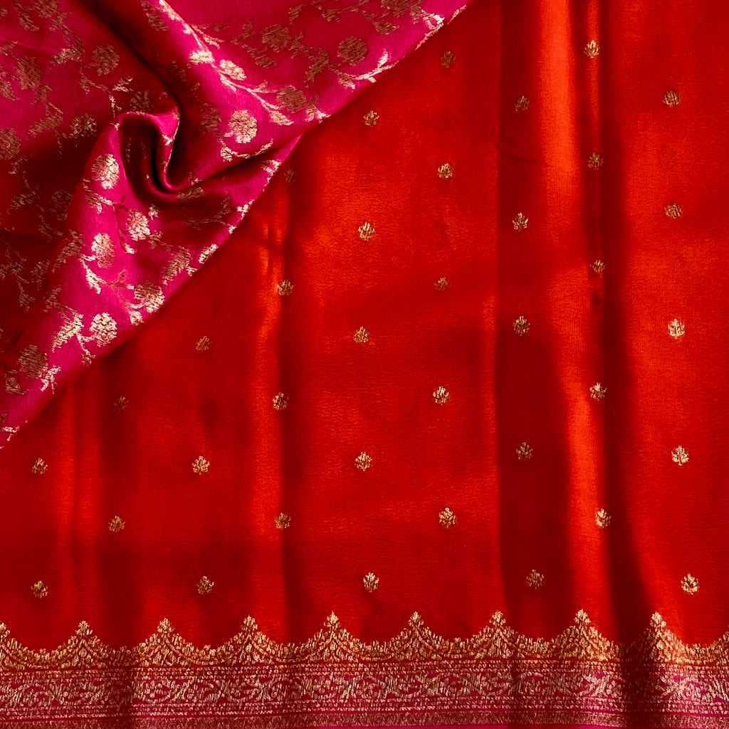 Tangerine Orange Banarasi Crepe Silk Saree With Rani Pink Pallu