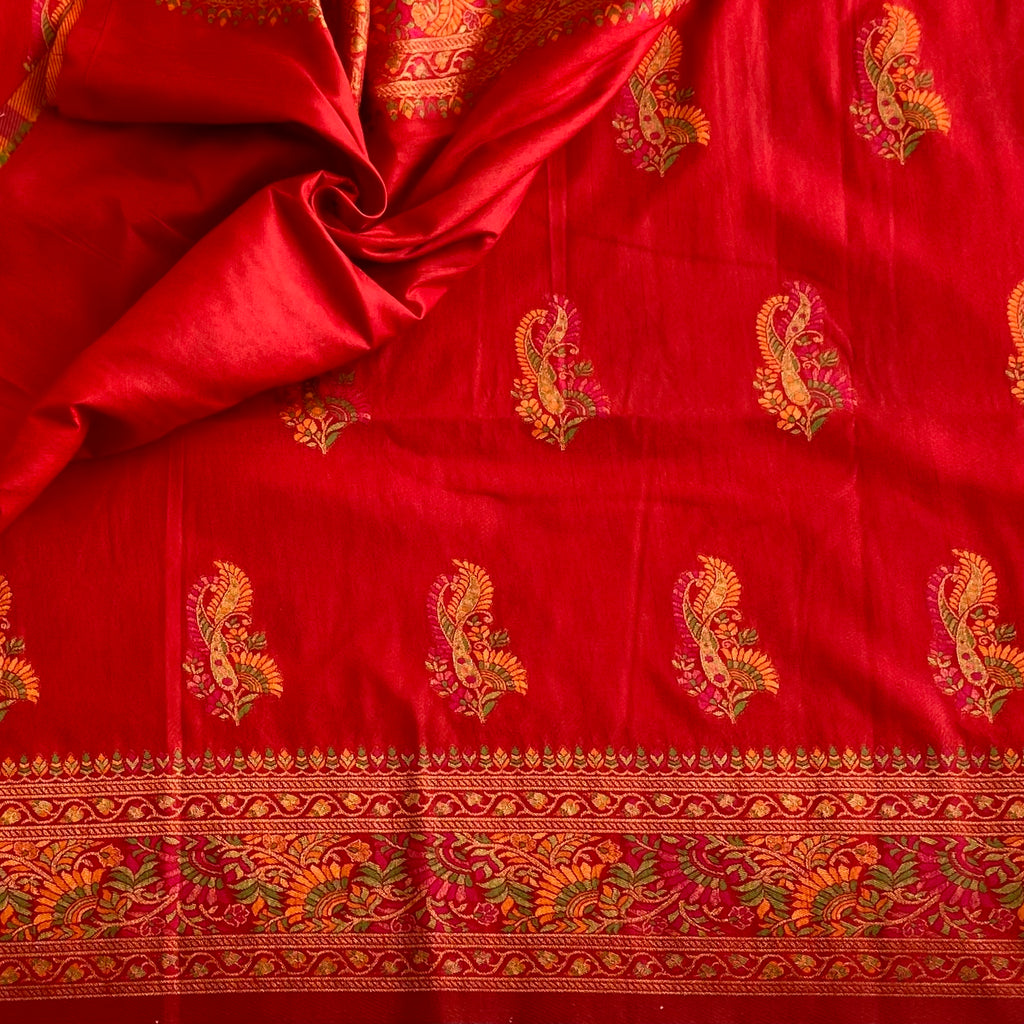 Ferrari Red Meenakari Woven (Not Printed) Soft Tussar Silk Saree With Meenakari Pallu