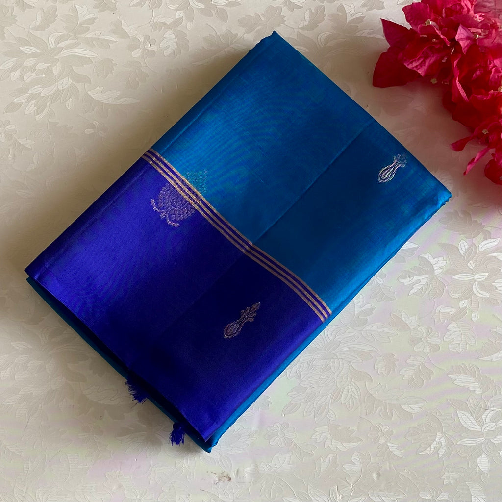 Deep Sea Blue With Rich Royal Blue Handwoven Designer Pure Silk