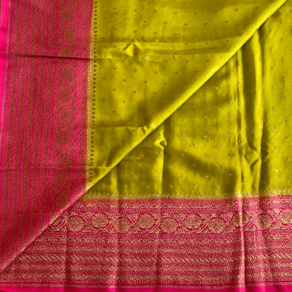 Chartreuse Green Banarasi Crepe Silk Saree With Contrast Rani Pink And Gold Zari