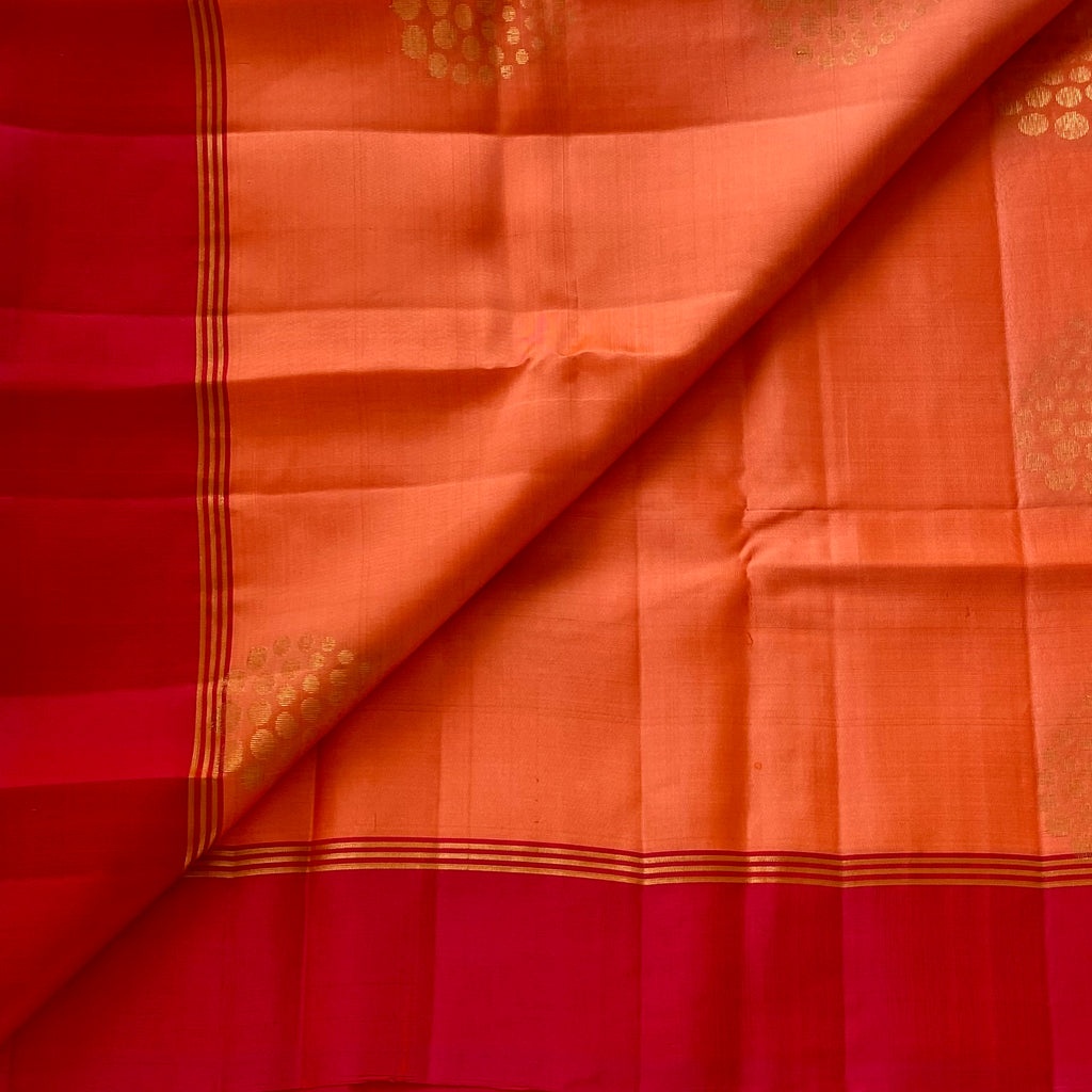 Sorbet Peach Designer Pure Silk With Rose Pink Contrast Pallu