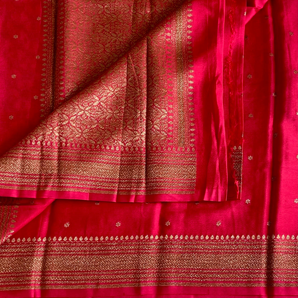 Rani Pink Banarasi Crepe Silk Saree With Antique Gold Pallu