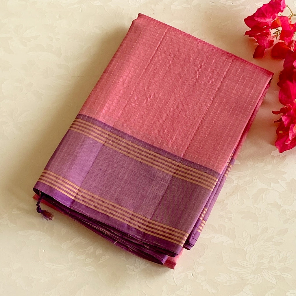 Coral Pink Luminous Saree Plum Purple Pallu Gold Zari Traditional
