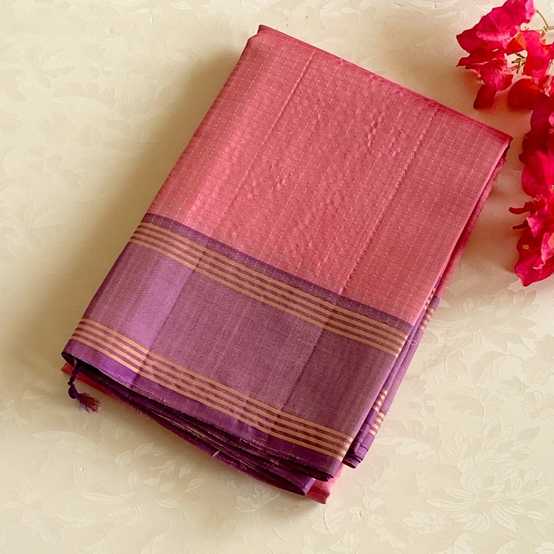 Coral Pink Luminous Saree Plum Purple Pallu Gold Zari Traditional