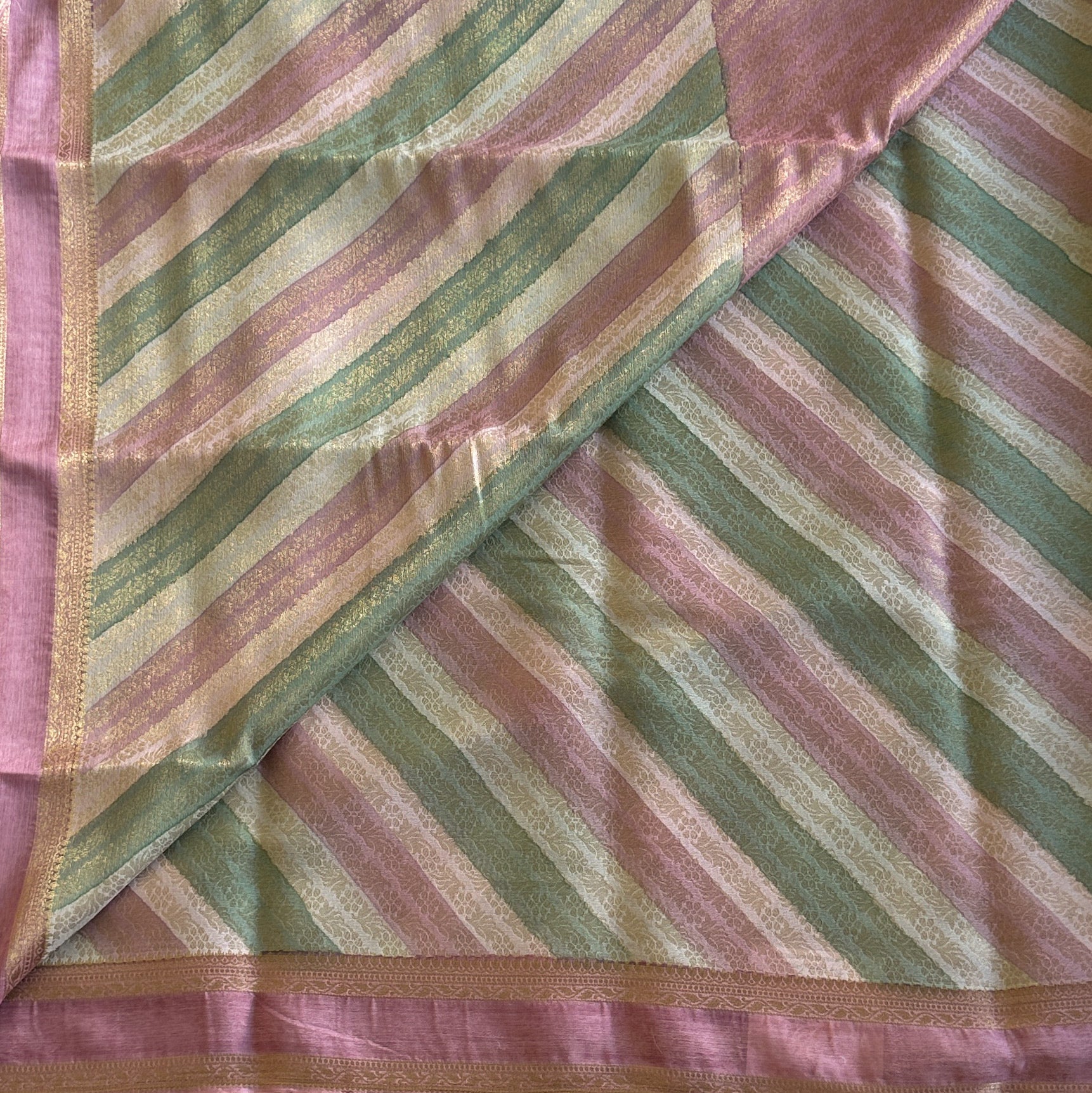 Pastel Pink Green Silk Saree Diagonal Stripes Floral Brocade Pallu