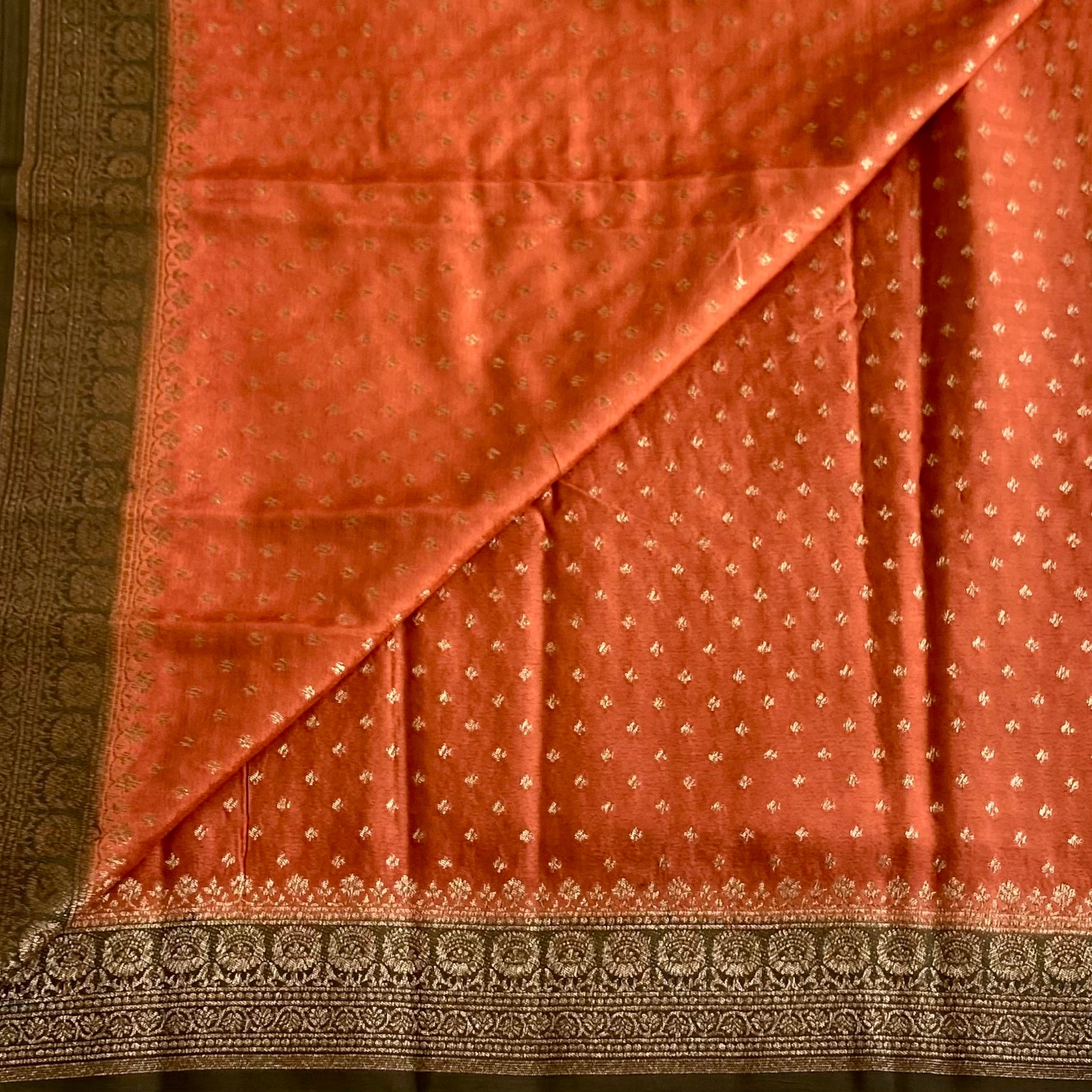 Rare beauty Rust Orange Banarasi Crepe Silk Saree Deep Olive With Pallu