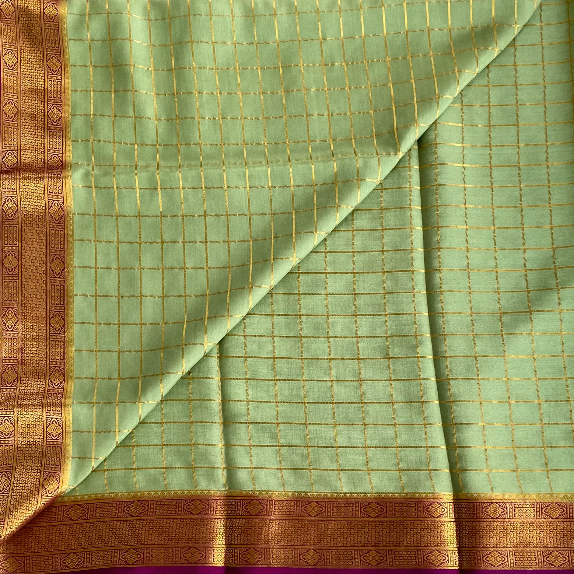 Sage Green Mysore Crepe Silk Saree With Magenta Border And Gold Zari