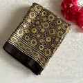 Beige Brown Ajrak Silk Saree With Mustard Yellow Prints