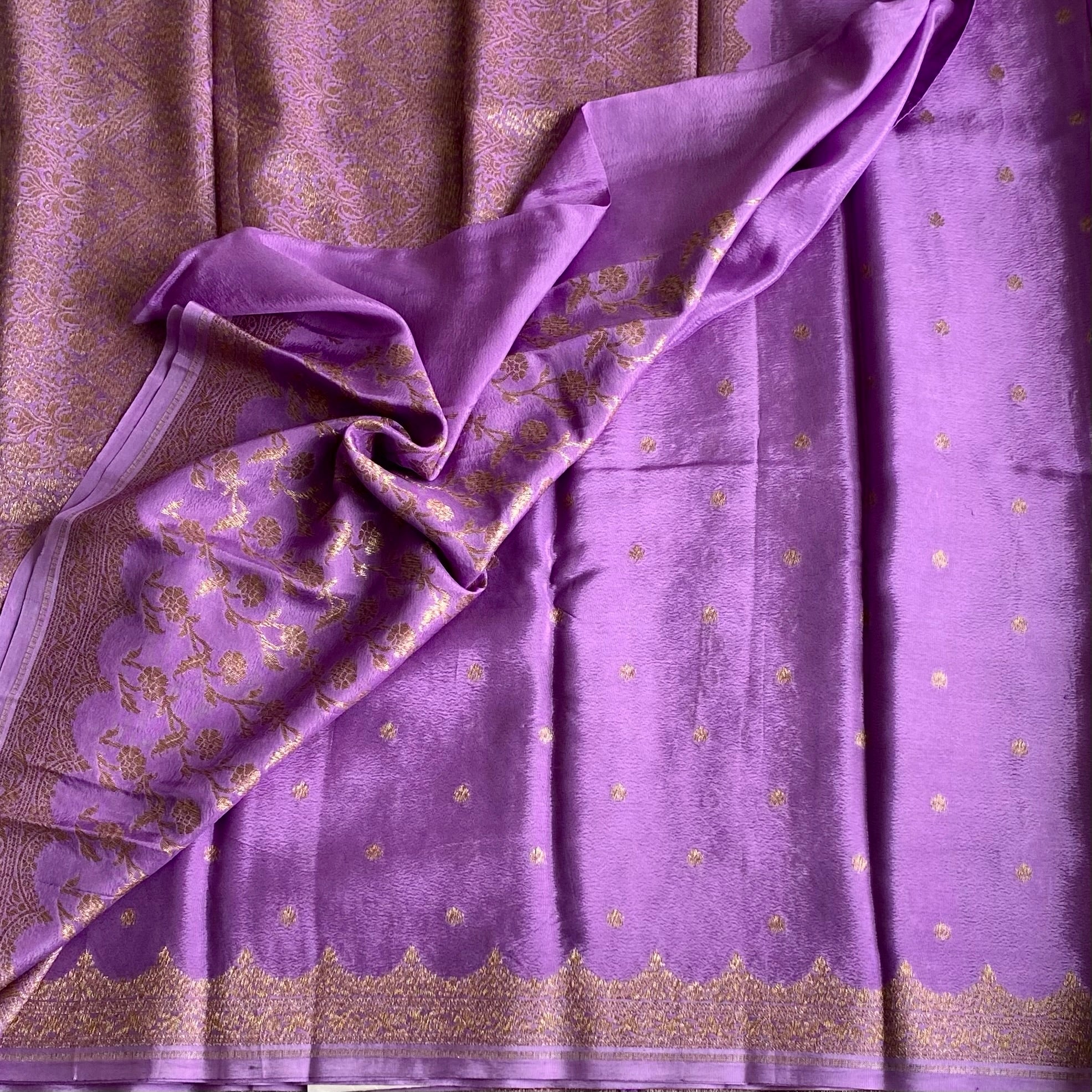 Lavender Purple Banarasi Crepe Silk Saree With Antique Gold Brocade