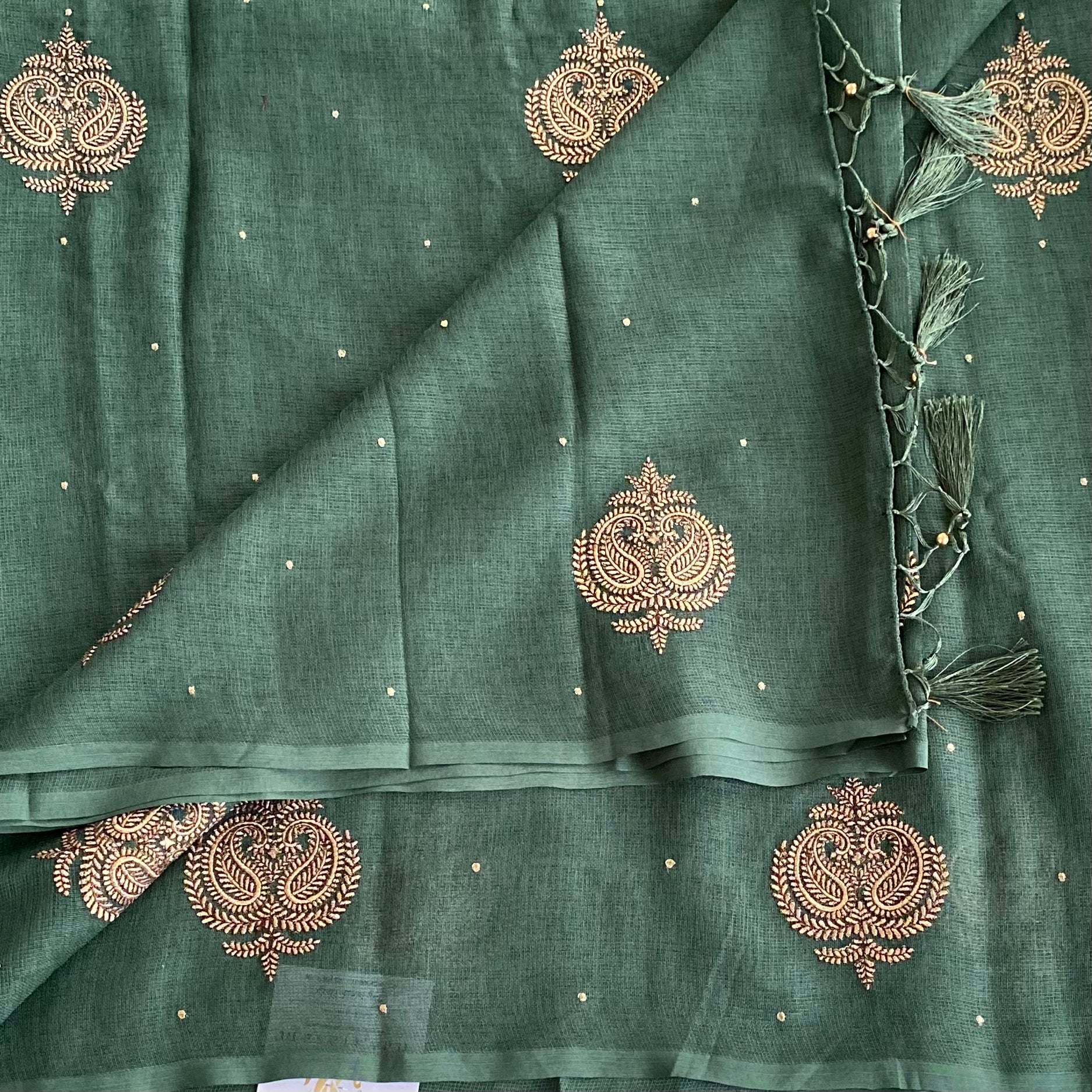 Forest Green Saree Gold Embroidery Paisley Tassel Festive Wear