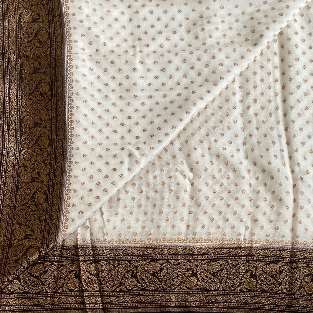 Pearl White Antique Gold Brocade Banarasi Crepe Silk Saree Jet Black