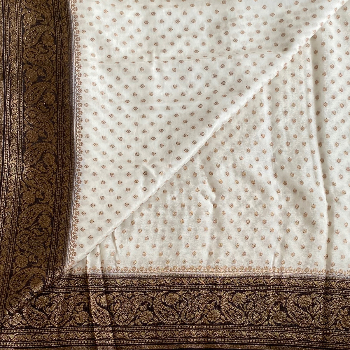 Pearl White Antique Gold Brocade Banarasi Crepe Silk Saree Jet Black
