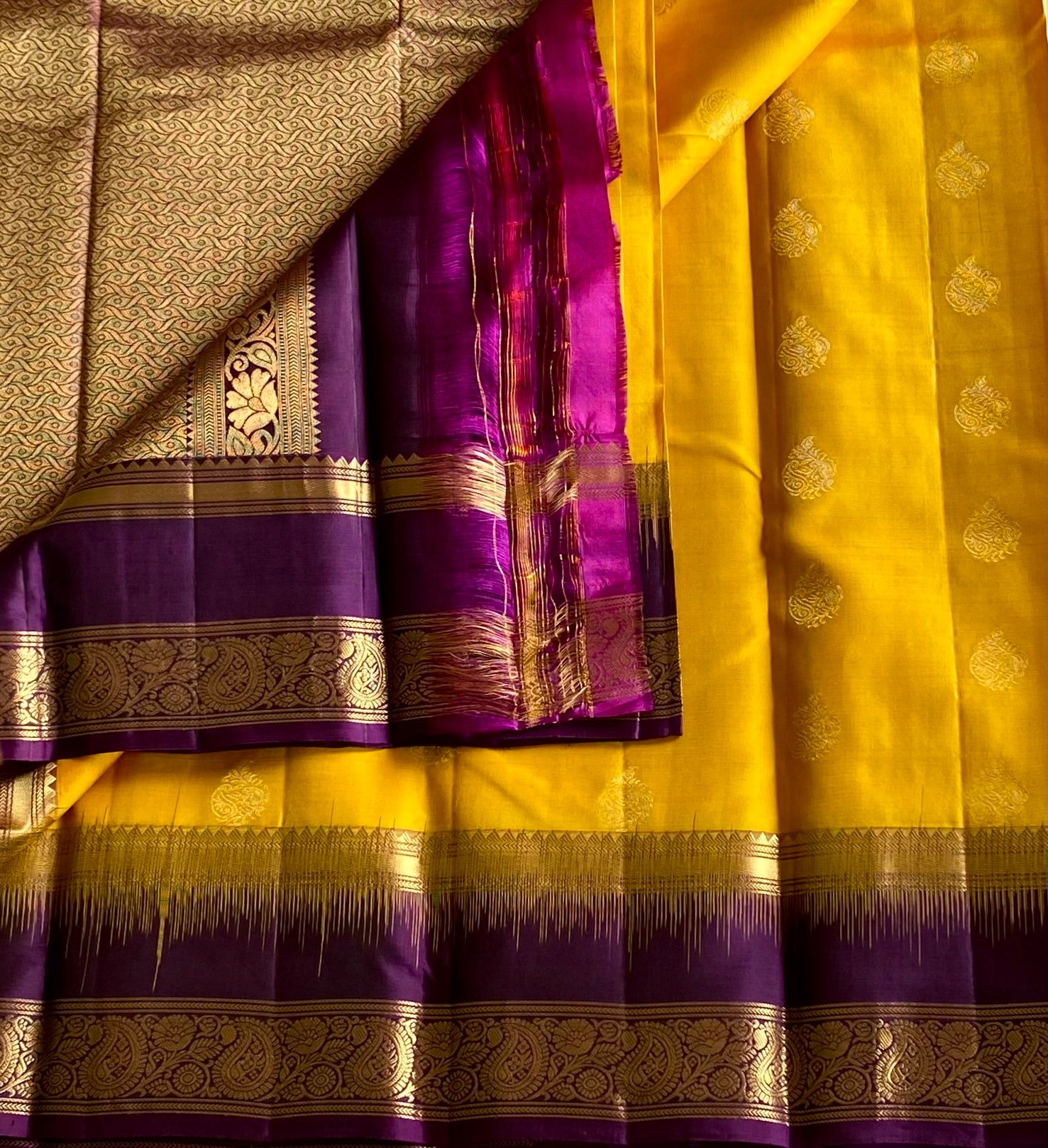 Golden Yellow Silk Saree Royal Purple Pallu Gold Zari Border