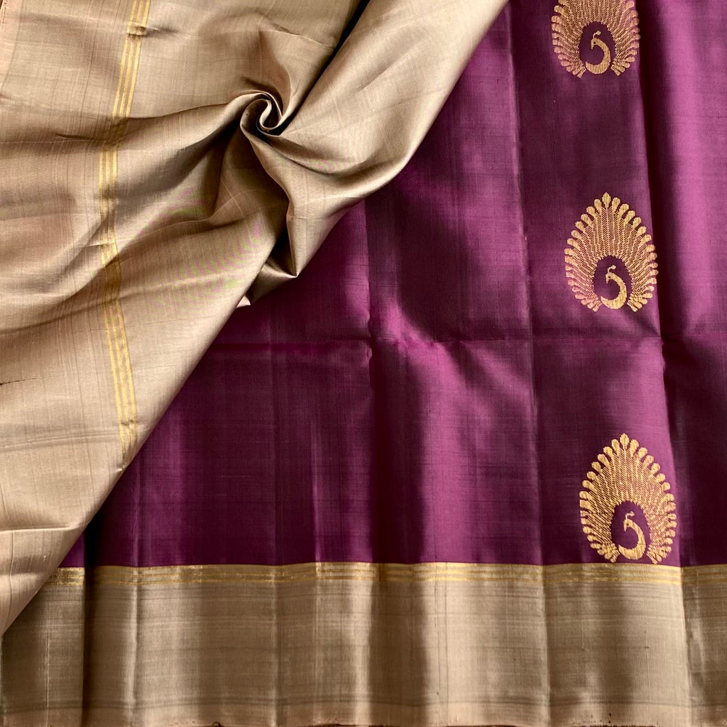 Deep Plum Designer Pure Silk Saree With Antique Greyish Gold Pallu