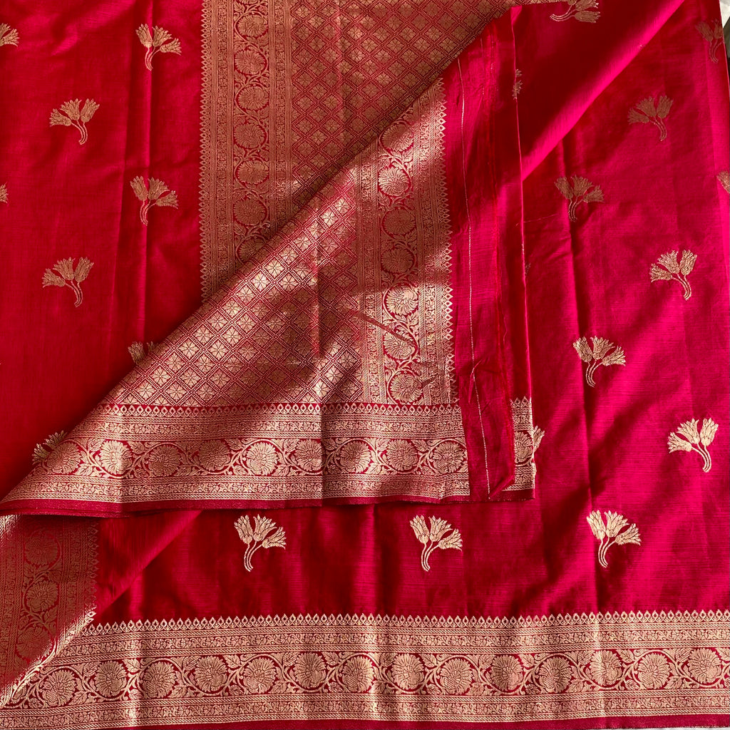 Cherry Pink Soft Tussar Silk Saree With Metallic Gold Zari Border