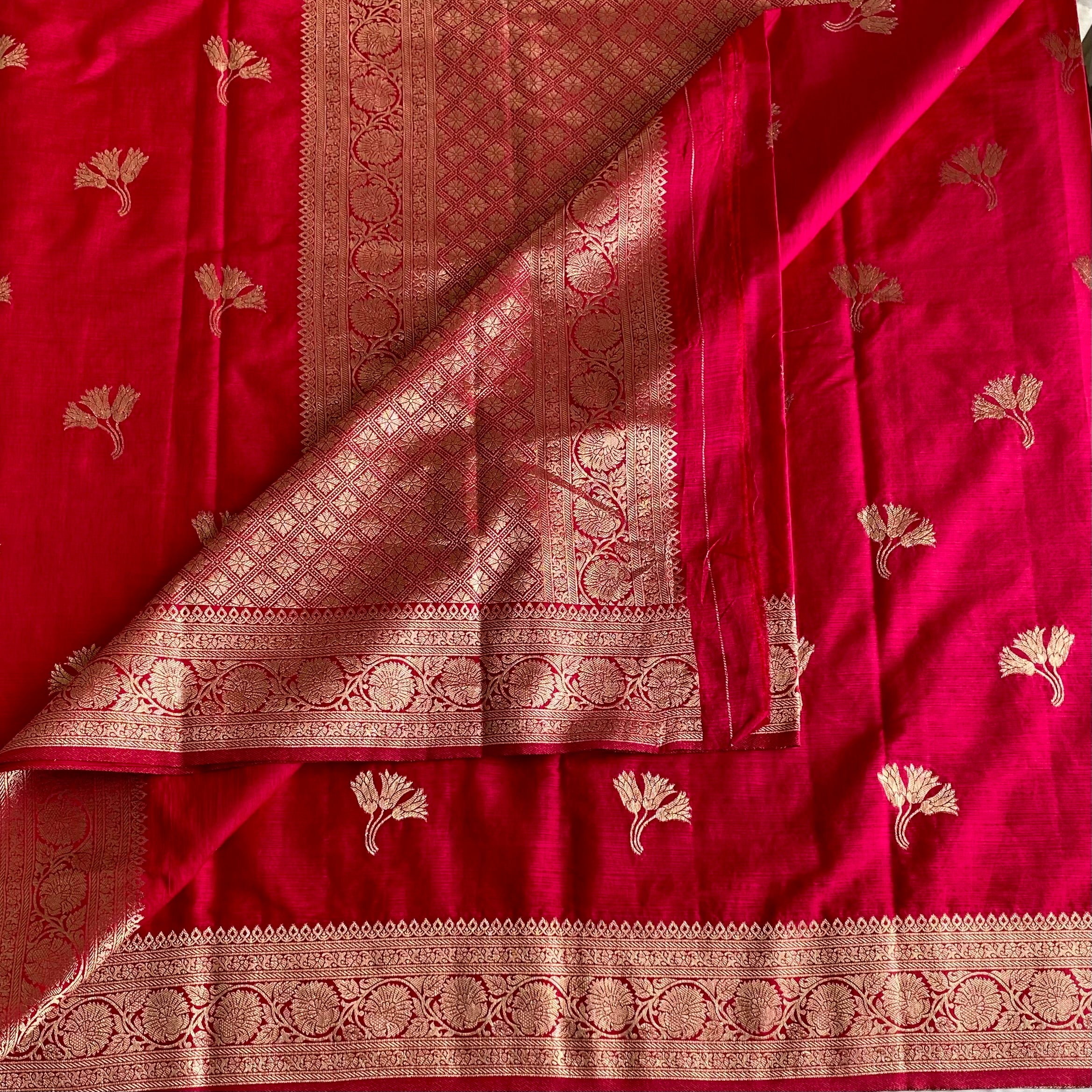 Cherry Pink Soft Tussar Silk Saree With Metallic Gold Zari Border