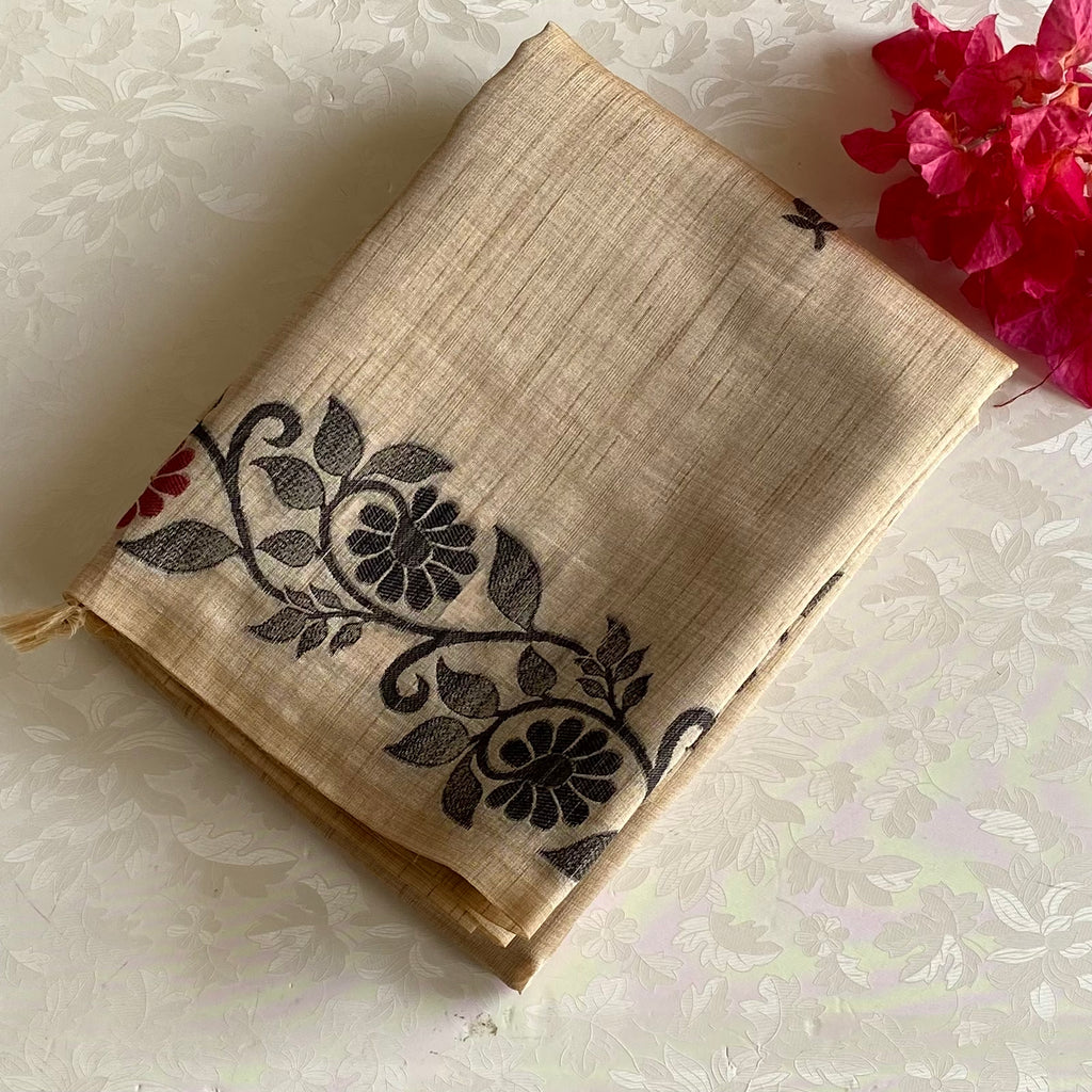 Light Beige Soft Tussar Silk Saree With Charcoal Black Border