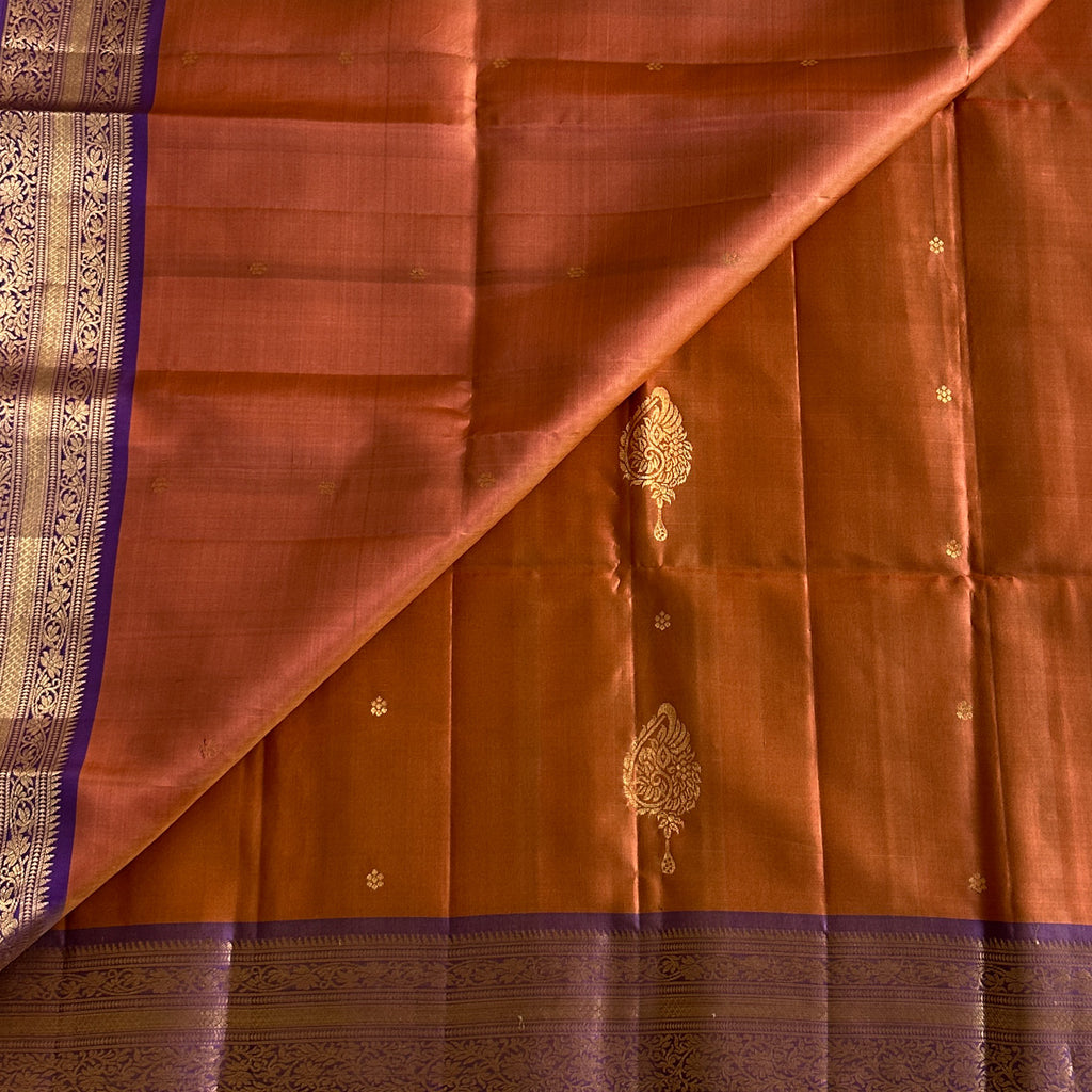 Mesmerising Subtle Rust Orange With Metallic Lavender Designer Pure Silk