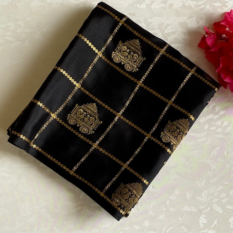 Jet Black Mysore Crepe Silk Saree With Antique Gold Checks