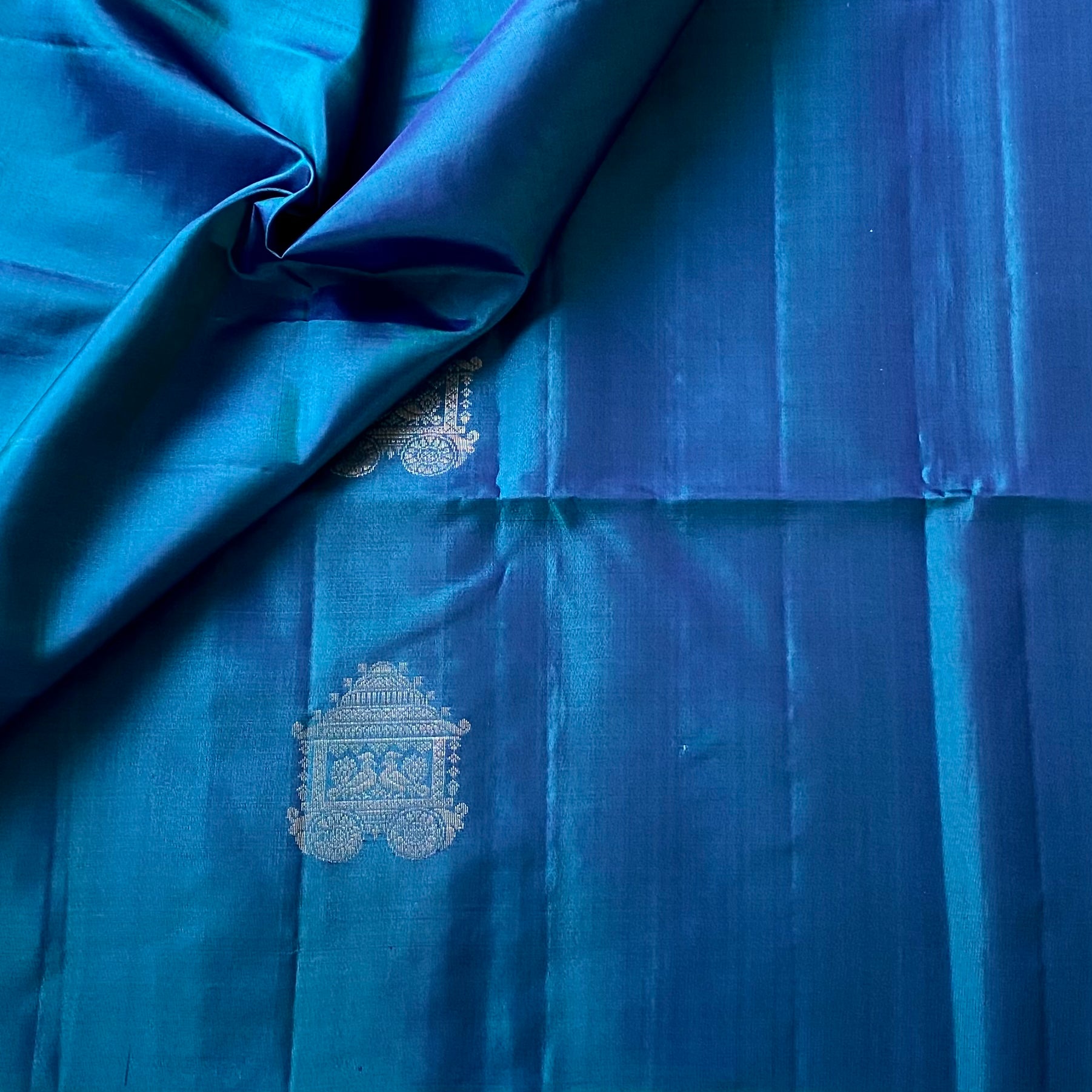 Peacock Blue Silk Brocade Saree Antique Gold Temple Motif
