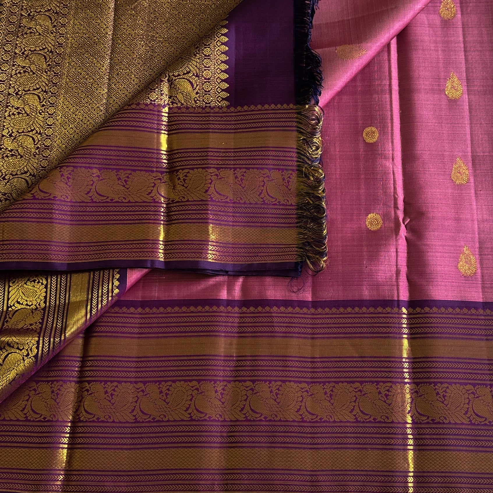 Magenta Silk Saree with Gold Brocade Pallu and Purple Border