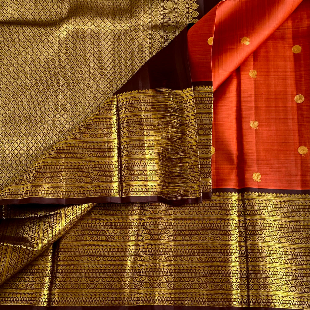 Deep Rustic Kanjeevaram Pure Zari Silk Saree With Wine Brown Pallu