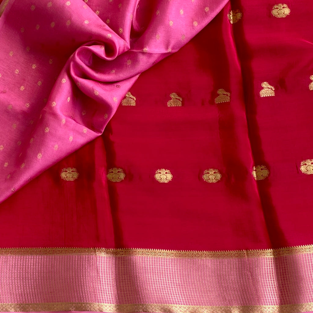Cherry Red Soft Crepe Silk Saree With Light Pink Pallu