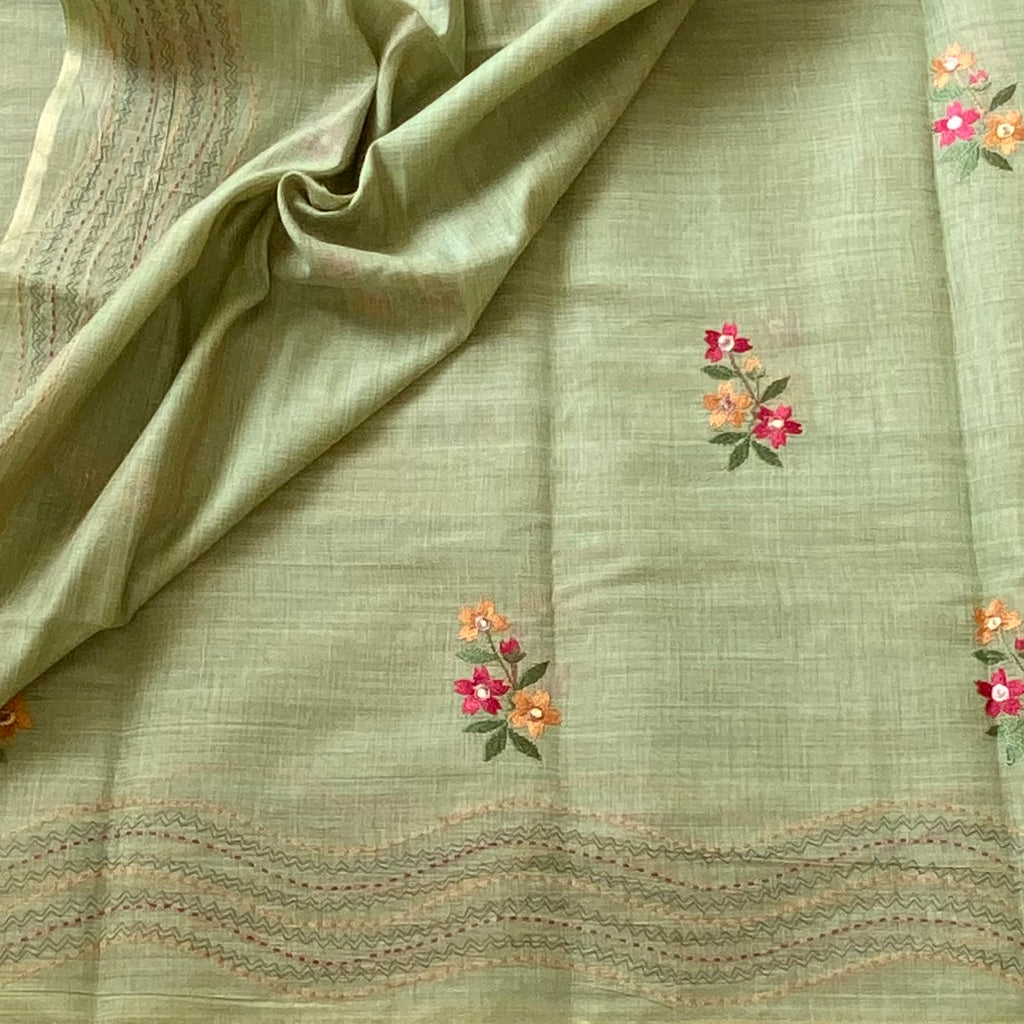 Pistachio Green Floral Embroidered Saree with Tassel Border Antique Gold