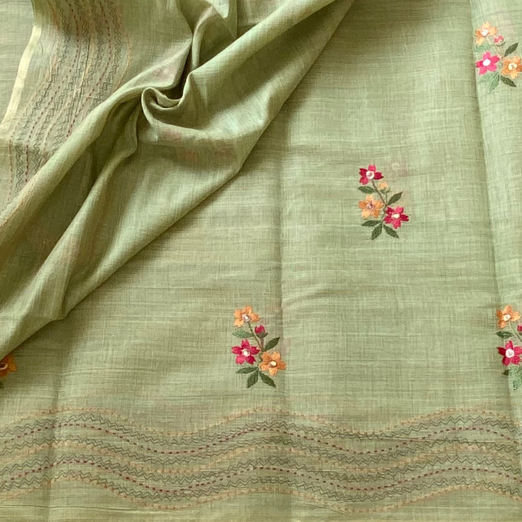 Pistachio Green Floral Embroidered Saree with Tassel Border Antique Gold