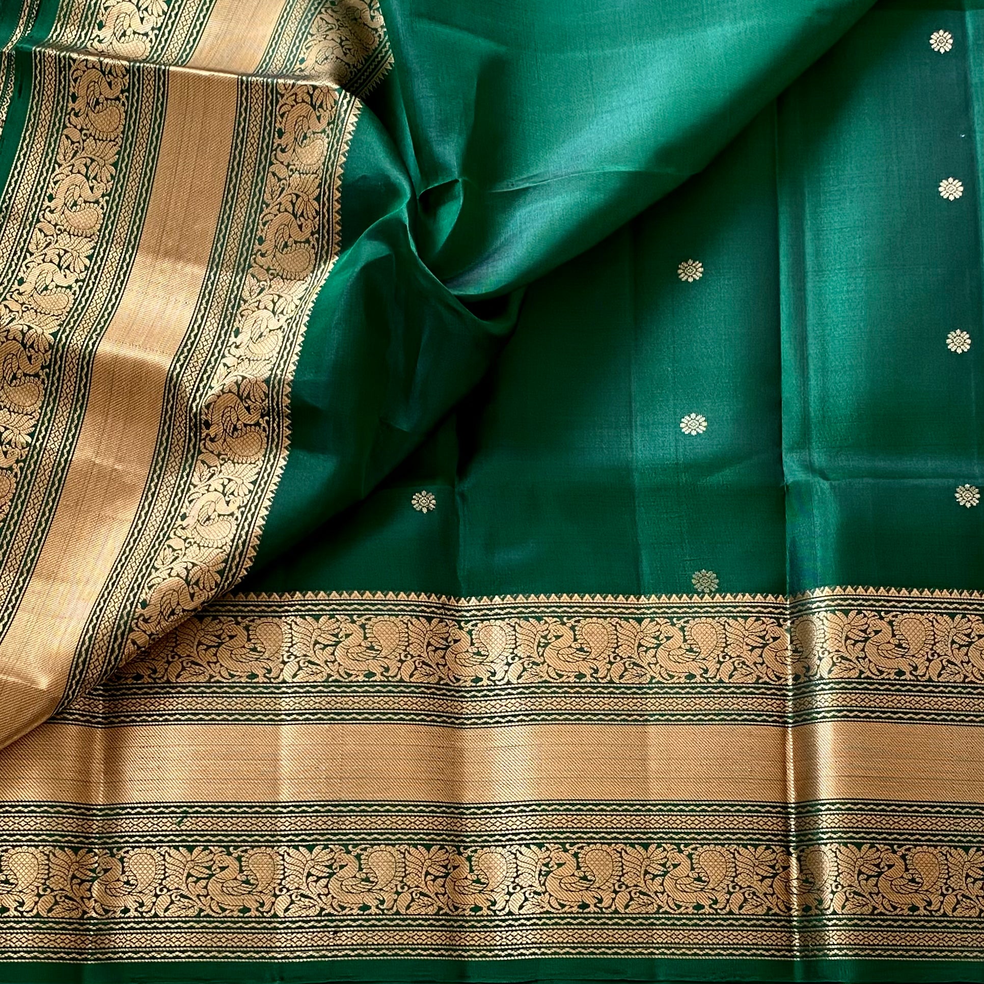 Emerald Green Designer Pure Silk Saree Antique Gold Zari Border