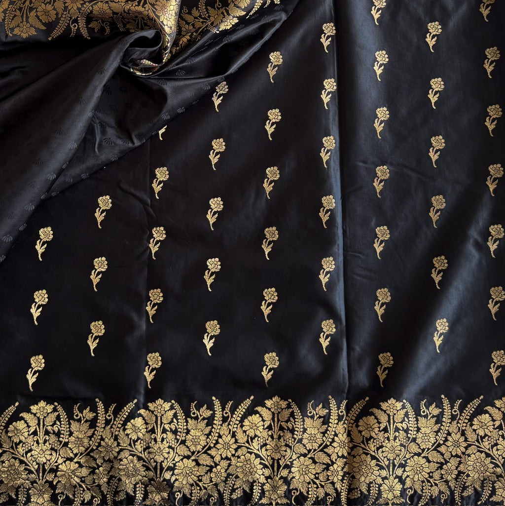 Jet Black gold zari woven designer soft gaji silk