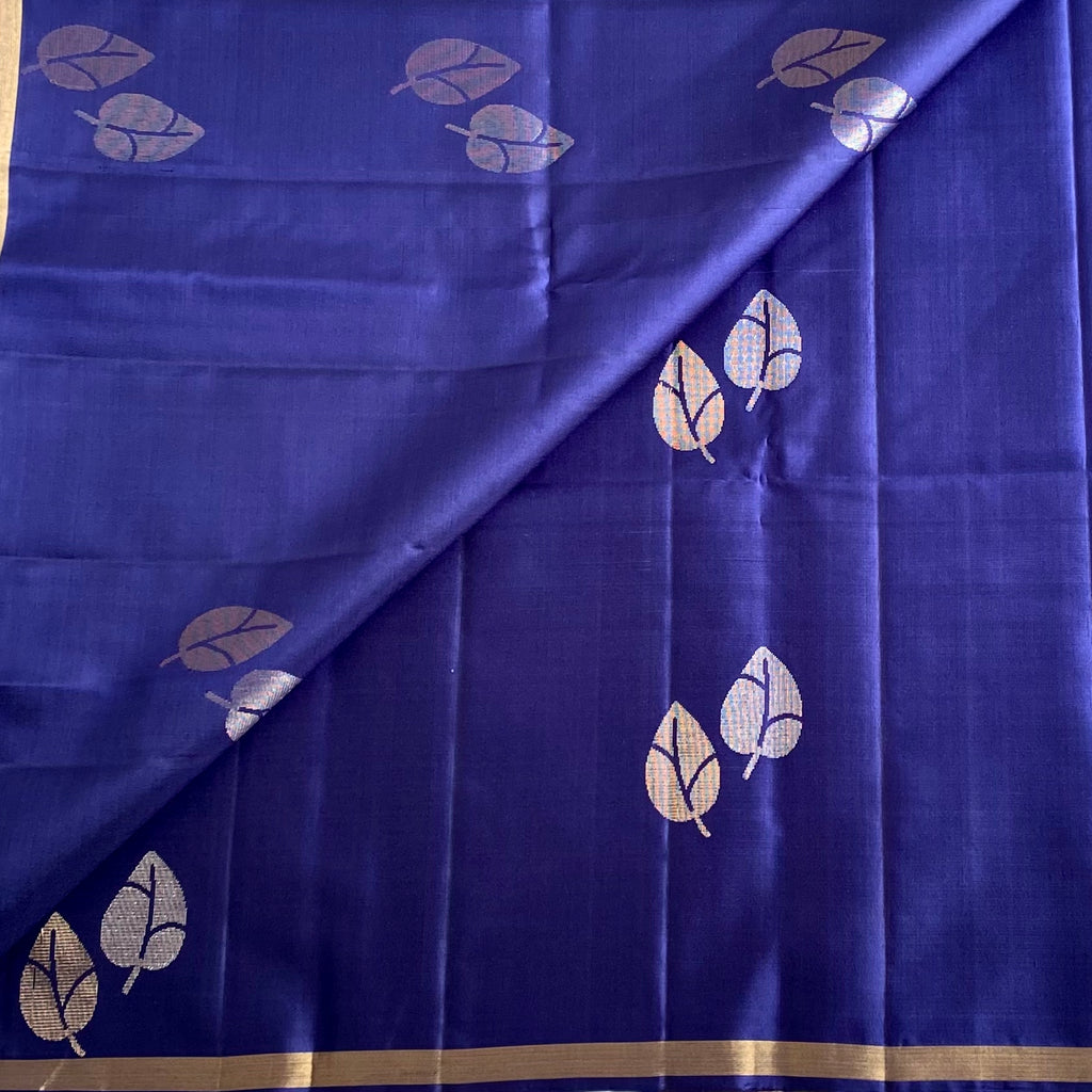 Midnight Navy Designer Pure Silk Saree With Sea Green Pallu Gold Zari