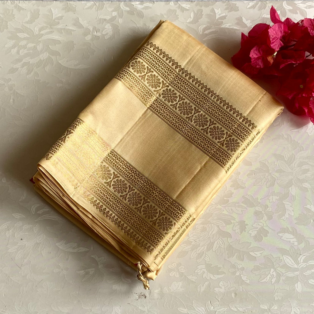 Champagne Gold Designer Pure Silk Saree With Antique Gold Border