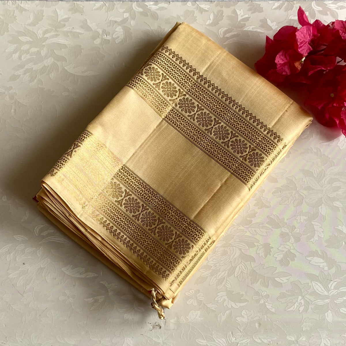 Champagne Gold Designer Pure Silk Saree With Antique Gold Border