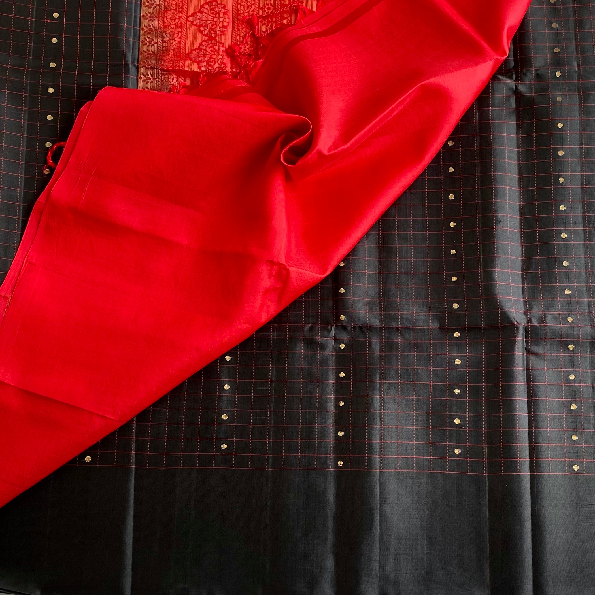 Jet Black Designer Pure Silk Saree Scarlet Red Pallu