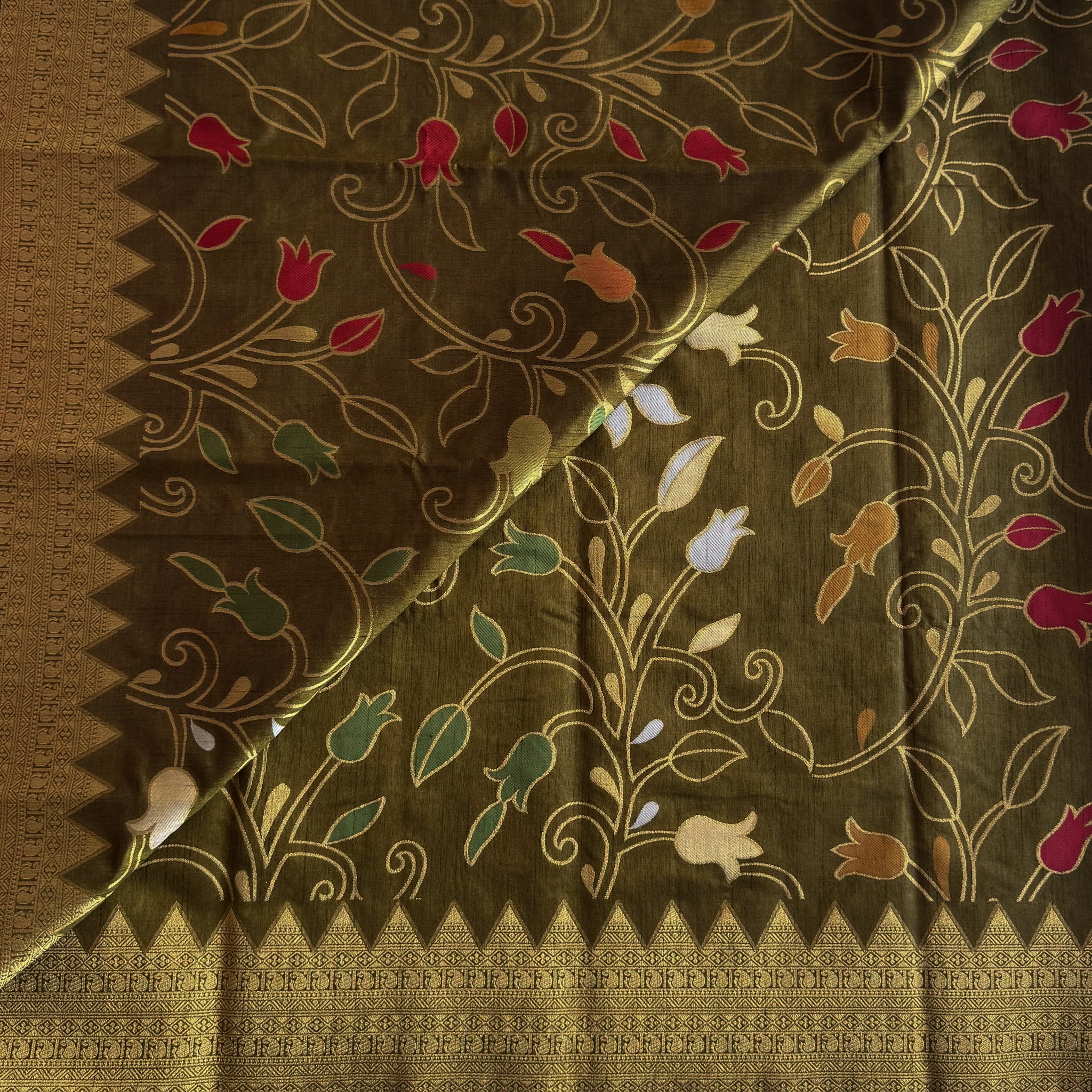 Olive Green Gold Zari Floral Saree With Tassel Pallu Traditional