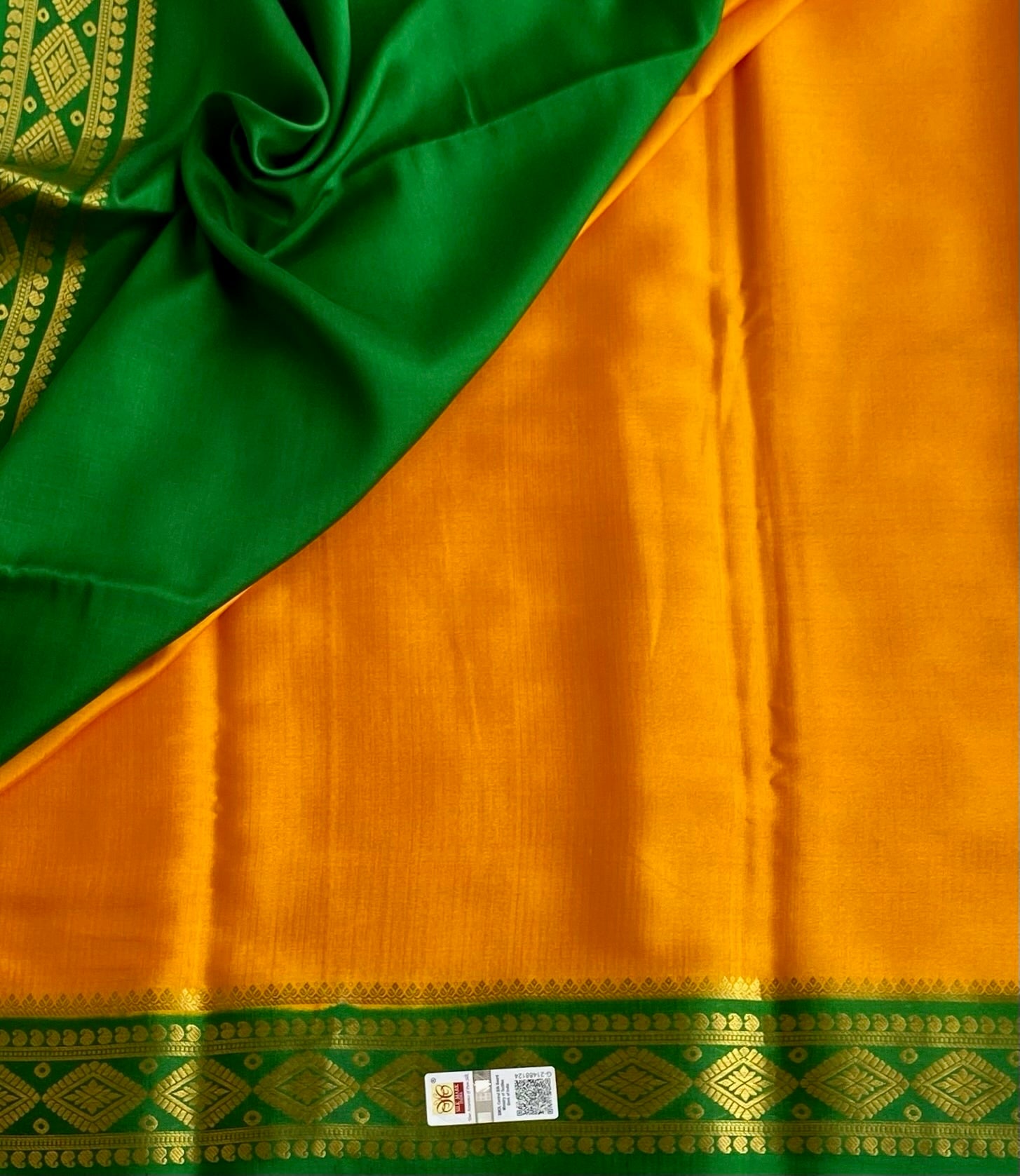Mustard Yellow Mysore Crepe Silk Saree With Emerald Green Border Gold Zari