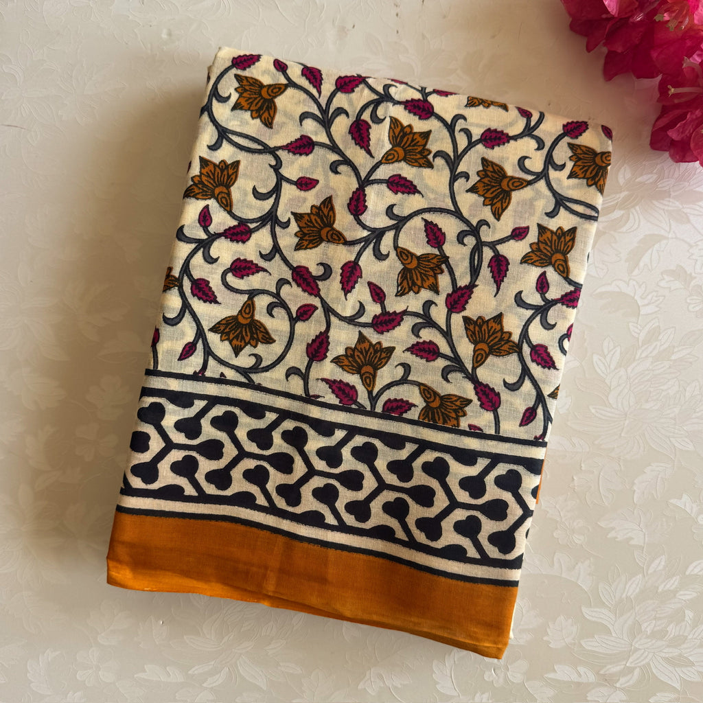 Ivory Charcoal Burnt Orange Floral Block Print Traditional Soft Saree