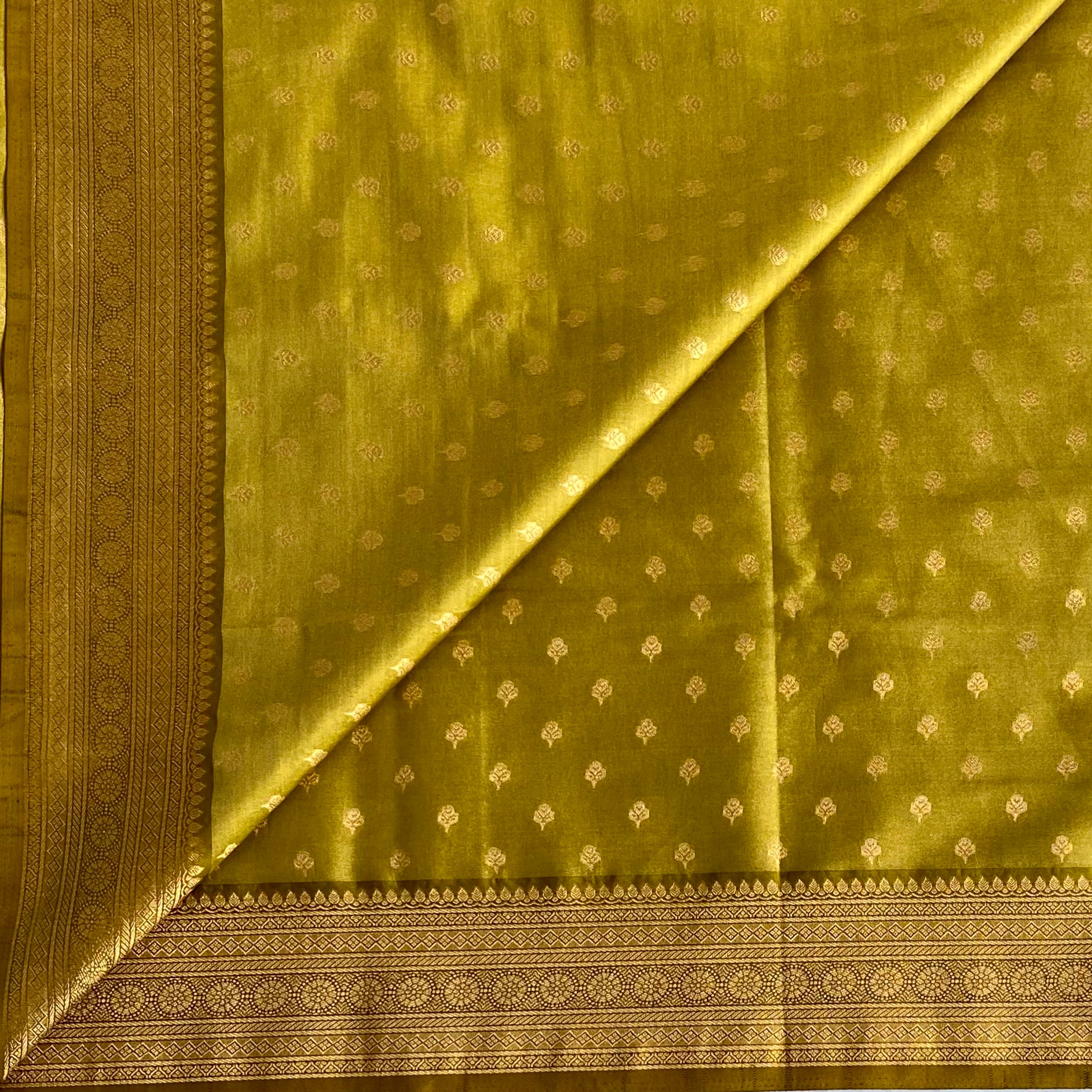 Olive Green Silk Saree Golden Zari Border Tassel Pallu