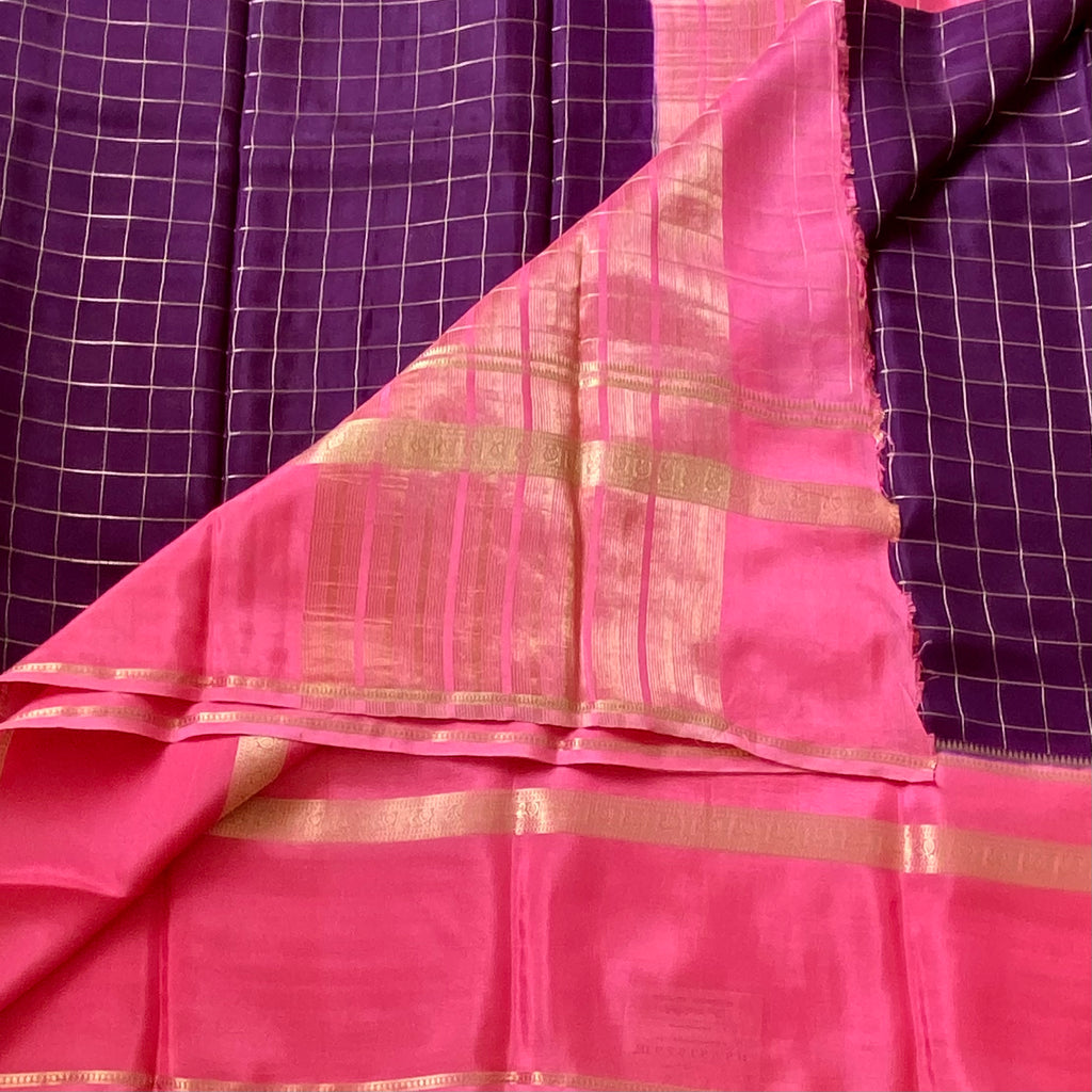 Royal Purple Fuchsia Lustrous soft crepe Gold Zari Checked Border Traditional
