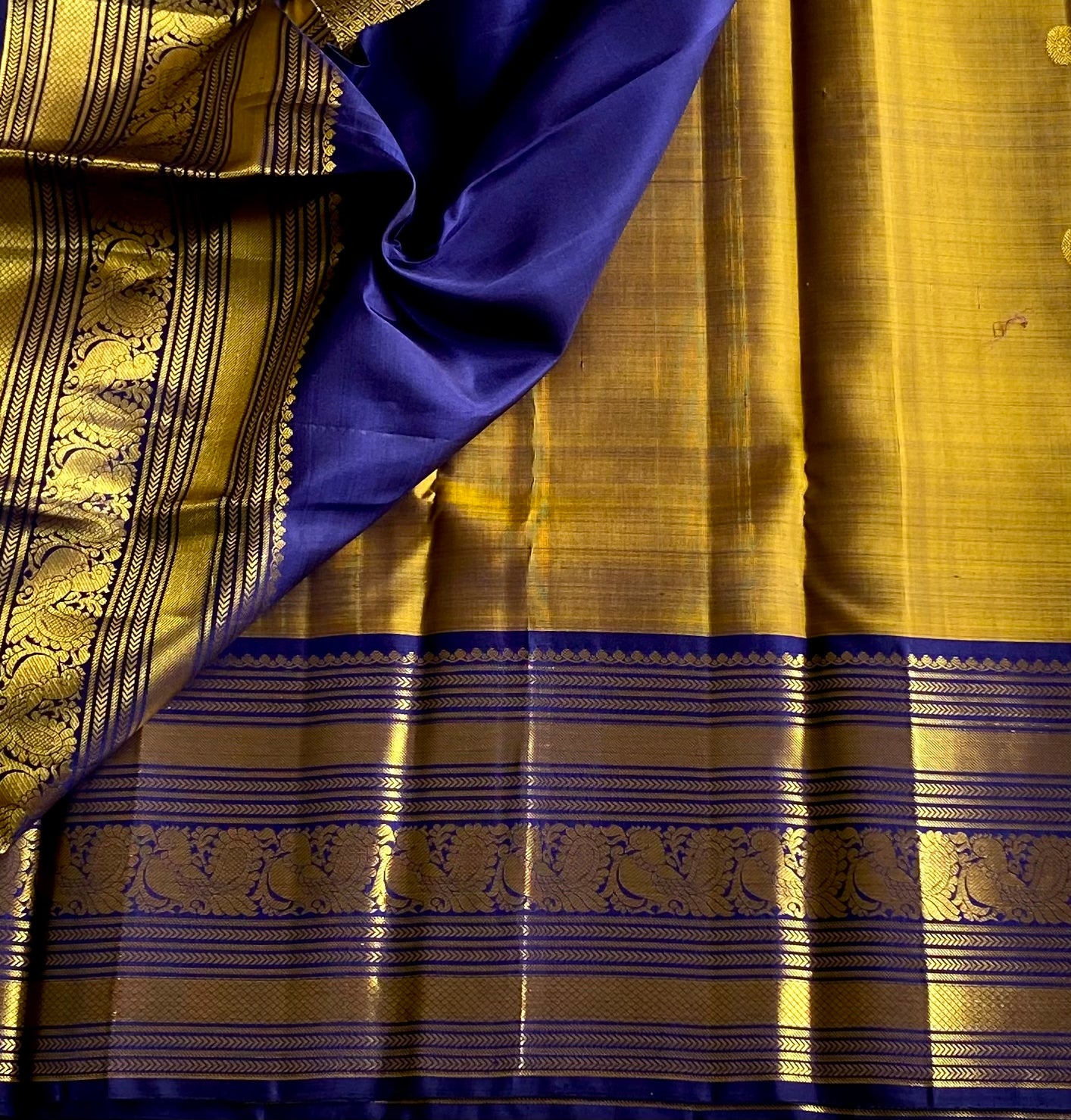 Mustard Yellow Royal Blue Silk Saree with Gold Zari Border