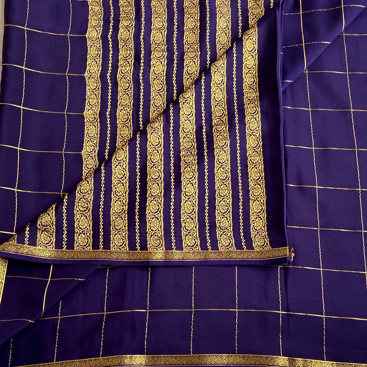 Deep Indigo Navy Mysore Crepe Silk Saree With Antique Gold Pallu