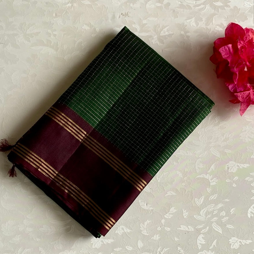 Bottle Green with Deep Maroon Checked Silk Saree With Zari