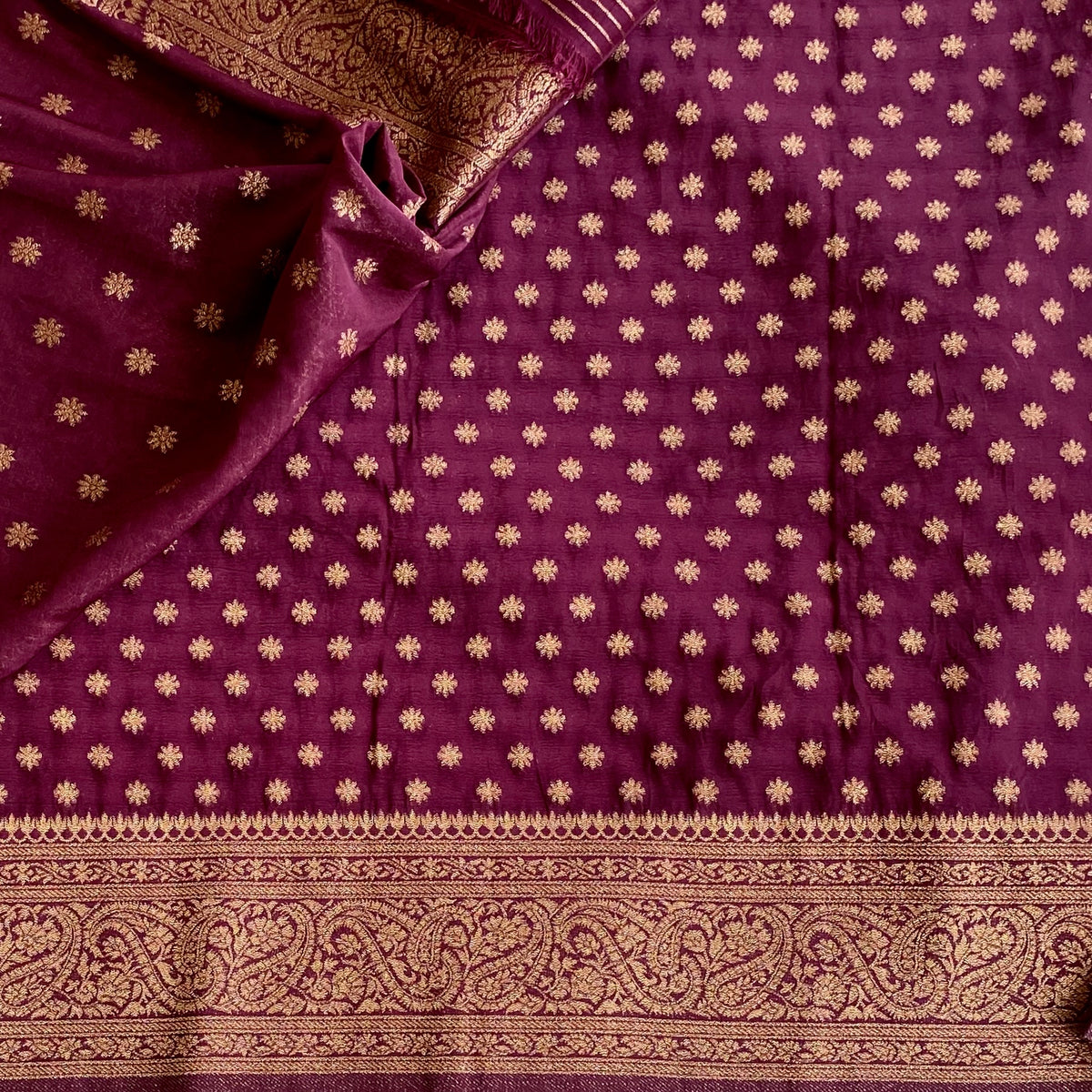 Deep Plum Soft Tussar Silk Saree With Antique Gold Brocade