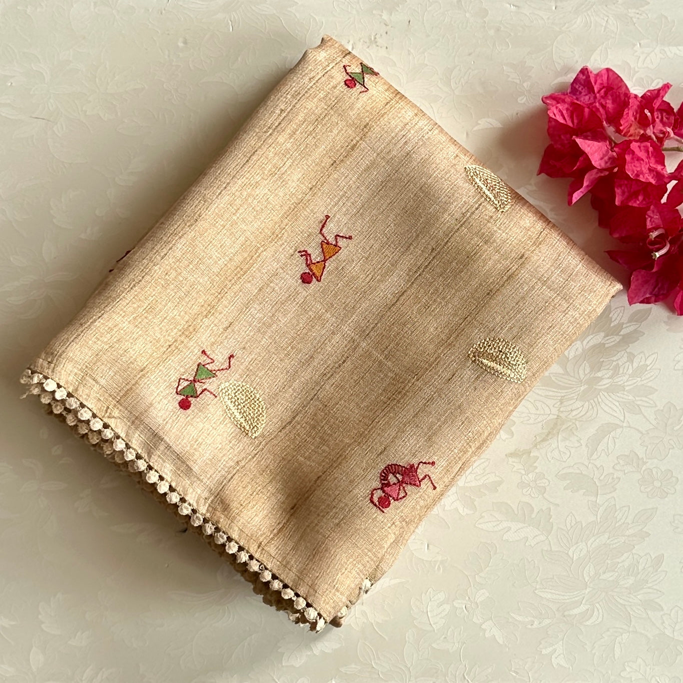 Warm Beige Embroidered Folk Motif Handloom Saree with Tassels