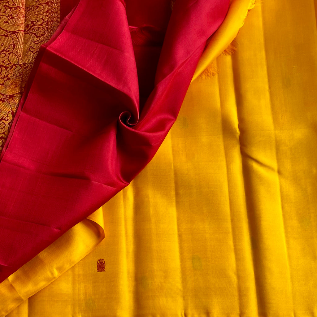 Golden Yellow Kanjeevaram Pure Zari Silk Saree With Deep Reddish Maroon Pallu