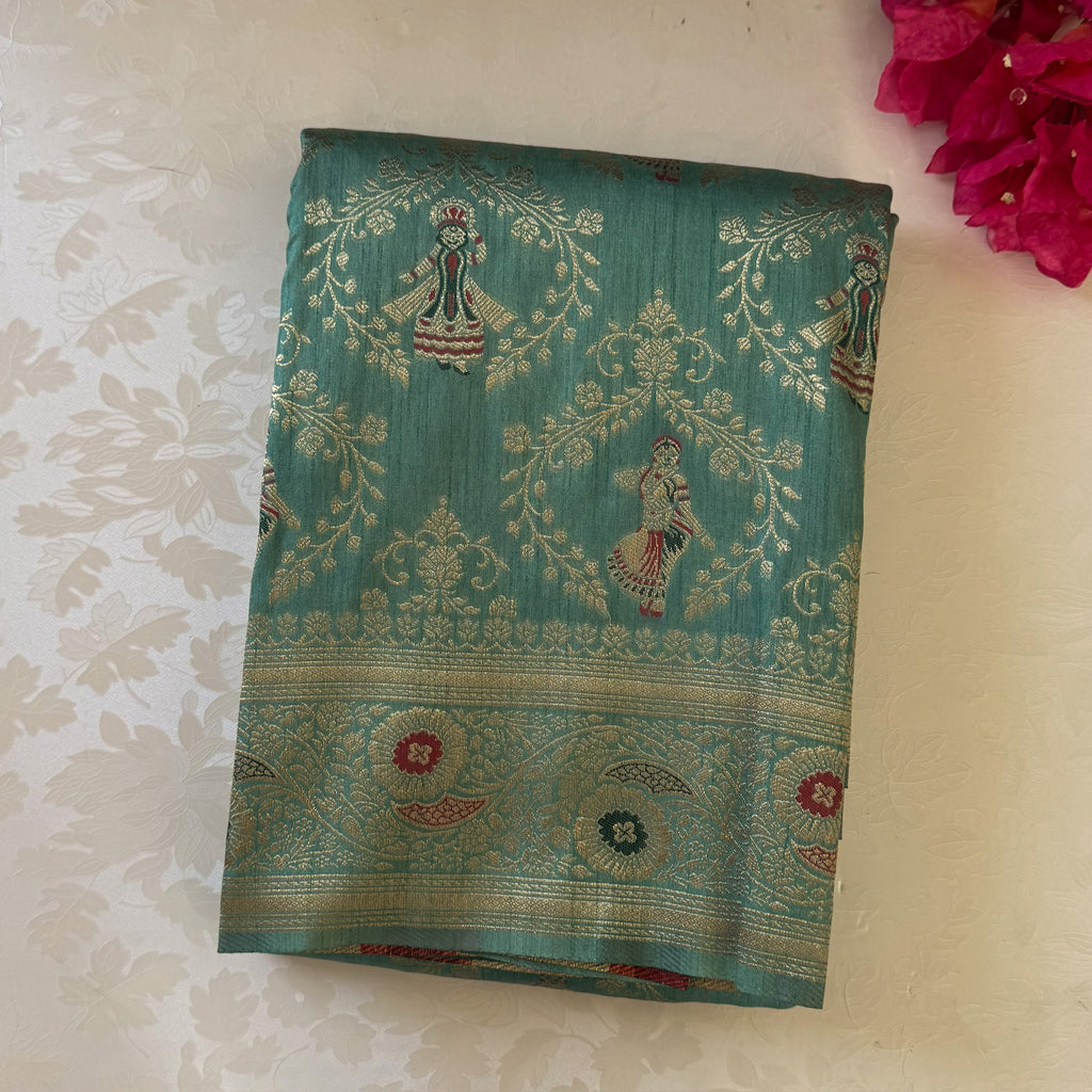 Sea Green Silk Brocade Saree with Gold Zari and Tassels