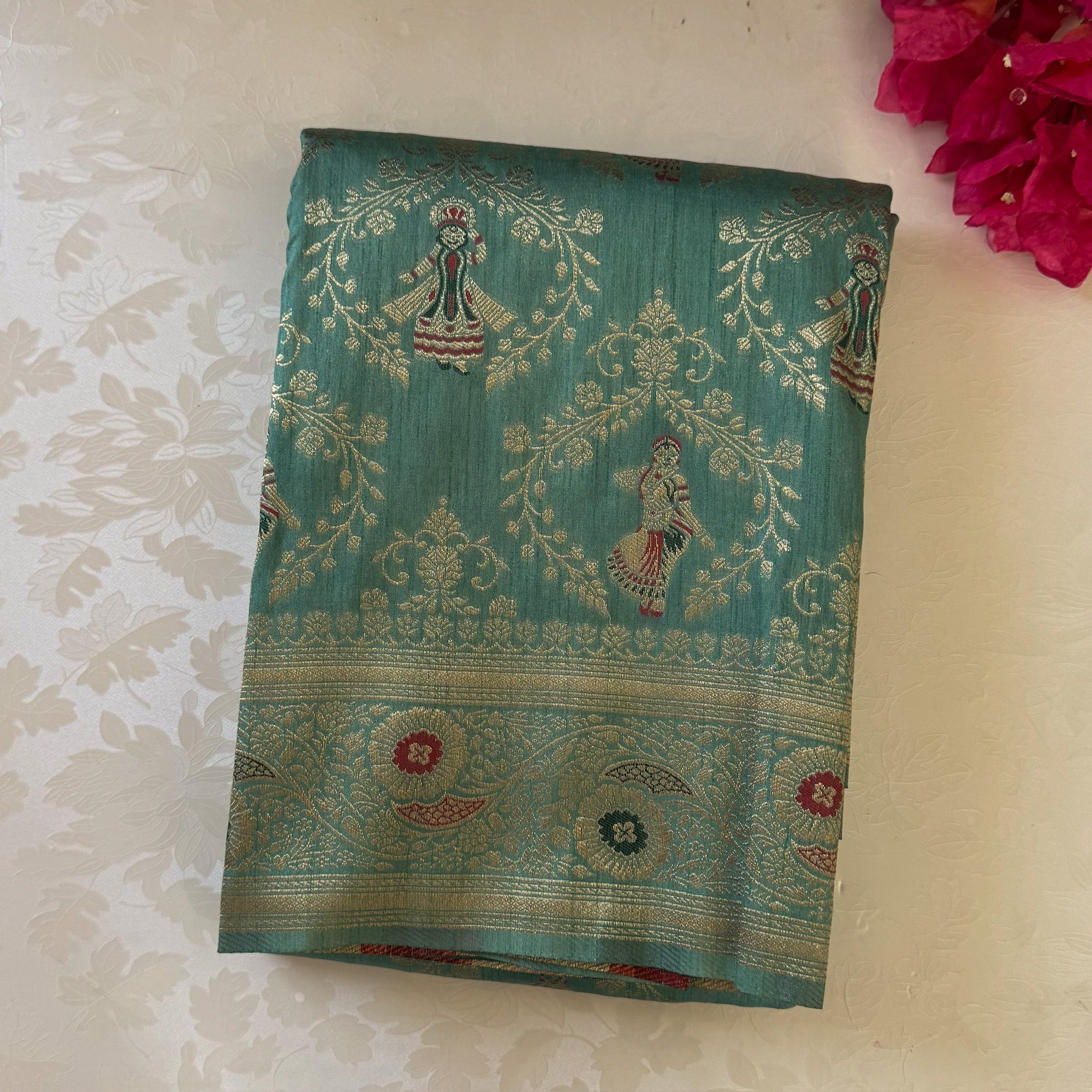 Sea Green Silk Brocade Saree with Gold Zari and Tassels