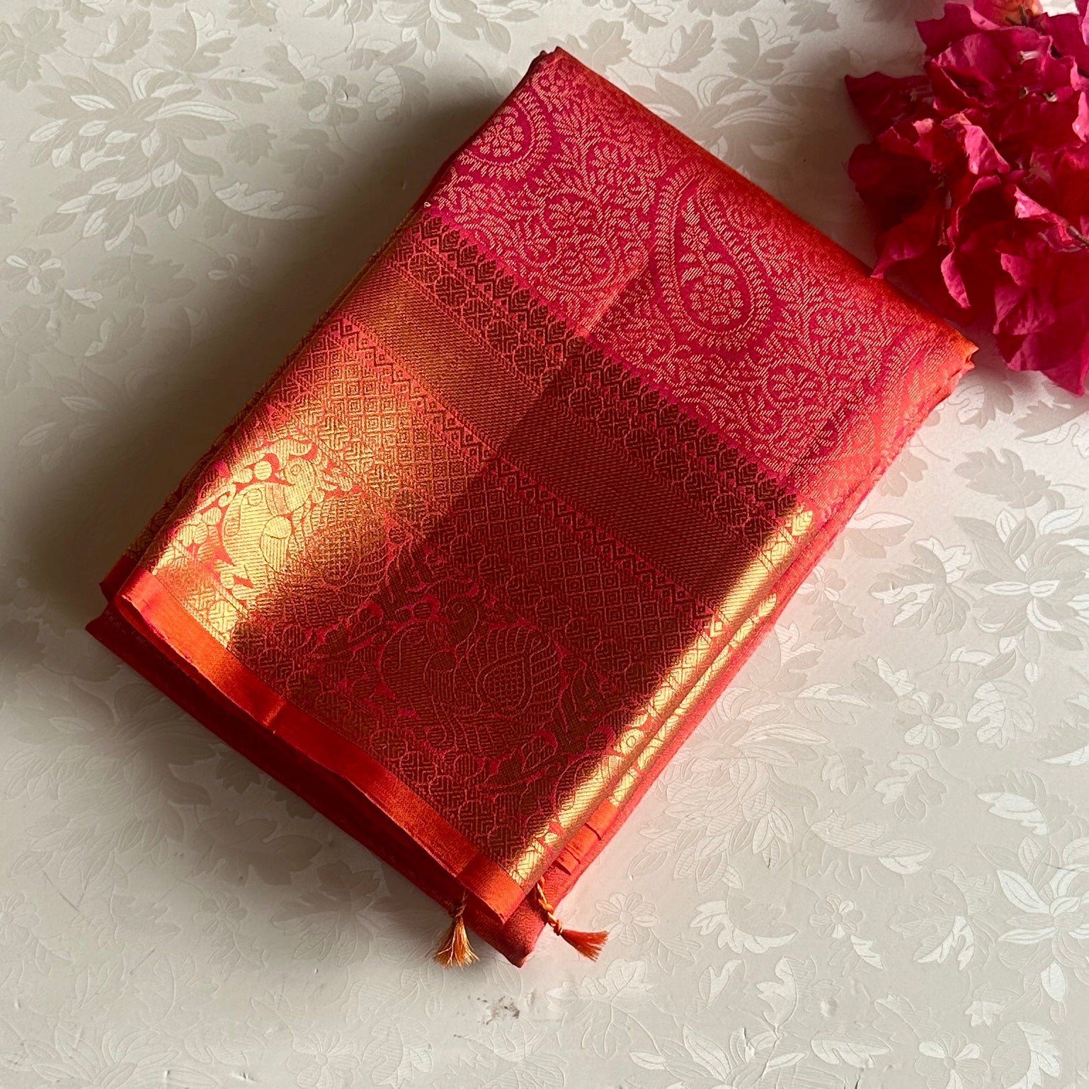 Kanakambari Orange Brocade Designer Pure Silk With Gold Diamond Buta Border